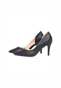 Scarpe nere con tacco alto, punta affusolata, superficie strutturata e tacco medio. Il design presenta un'apertura laterale, che migliora la ventilazione.