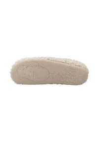 Semelle de chausson beige, douce et moelleuse, avec un motif texturé. Présente des éclats colorés et un personnage de dessin animé avec un visage souriant en relief.