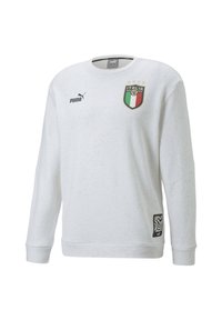 Felpa bianca con leggere sfumature, collo rotondo, maniche lunghe, con il badge della bandiera italiana e il logo Puma sul fronte.