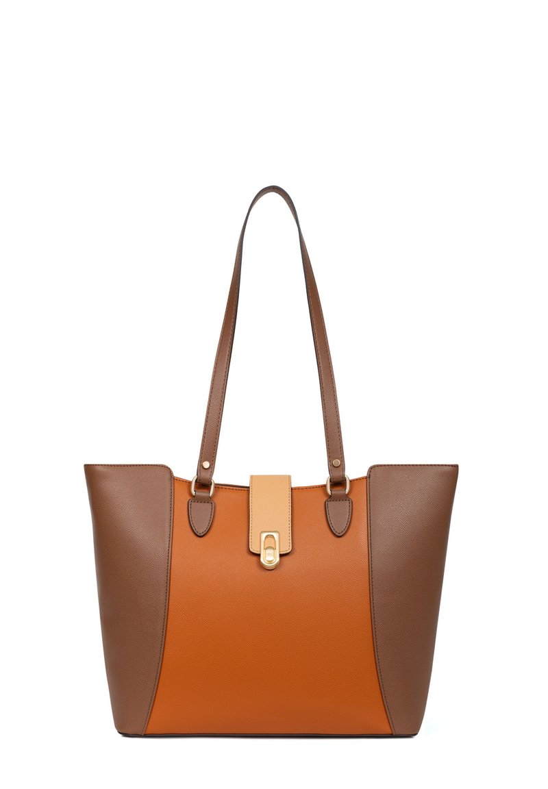 Borsa a tote in pelle marrone e arancione con manici piatti, forma rettangolare e dettaglio con chiusura a moschettone sul davanti.