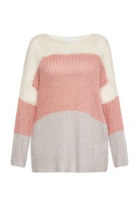 Pulover tricotat cu guler rotund, mâneci lungi și un design în culori bloc, în crem, roz și gri deschis.Țesătură texturată.