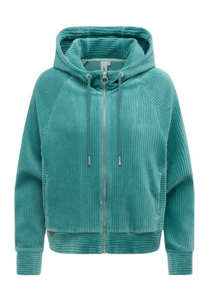 Sweat à capuche zippé en velours côtelé bleu sarcelle avec cordons, manches longues, poignets et ourlet côtelés.