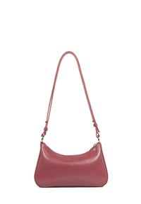 Borsa a tracolla in pelle rosa con una forma arrotondata e una sottile tracolla regolabile, caratterizzata da accessori in metallo argentato e una superficie liscia.