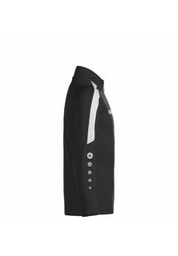 Maglietta nera a maniche lunghe con dettagli bianchi, colletto alto e decorazione a motivi circolari sulle maniche. Realizzata in tessuto traspirante.