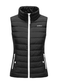 Gilet rembourré noir avec col haut, fermeture éclair blanche, deux poches latérales et marquage subtil. Texture lisse avec un motif de coutures horizontales.