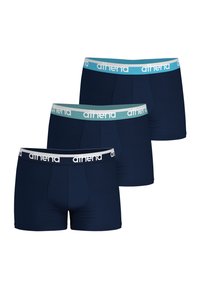 Caleçons boxers pour hommes bleu marine en pack de trois, avec une ceinture élastique bleu clair portant le logo "aimend", en matériau cotonnade lisse.