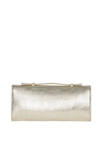 Metaliczna złota kopertówka o gładkiej, teksturowanej powierzchni i smukłym, cylindrycznym kształcie. Posiada prosty pasek i minimalną ilość okuć.