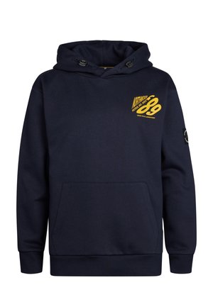 Marineblaue Kapuzenjacke mit einer vorderen Kängurutasche, verstellbarer Kapuze und gelbem Grafiktext auf der Brust. Ribbed Bündchen und Saum.