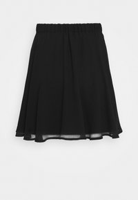 Mustat hameet, joissa on joustava vyötärö, valmistettu kevyestä kankaasta. Välttää liehuva muotoilu ja hienovarainen läpinäkyvä helma.