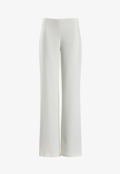 White wide-leg trousers made from smooth fabric with a clean, minimalist design. Features a solid color and no visible embellishments.