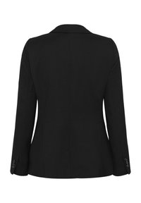 Blazer noir sur mesure à manches longues, détail de couture au dos et accents de boutons sur les poignets, vu de dos.