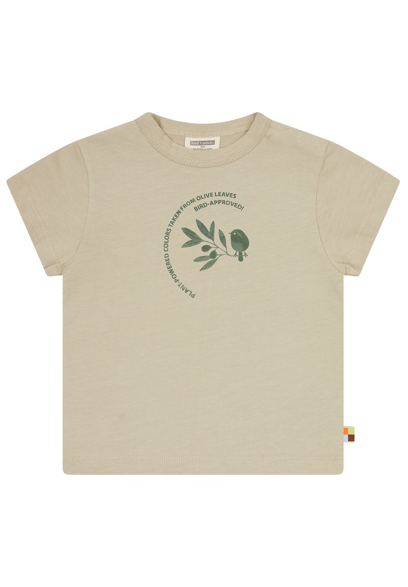 Tans Katoenen T-shirt met korte mouwen, voorzien van een groene afbeelding van een vogel en olijfblaadjes met tekst over plantaardige kleuren.
