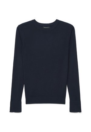 Maglione a maniche lunghe blu navy scuro con collo rotondo, polsini e orlo a coste, mostrato su sfondo bianco.