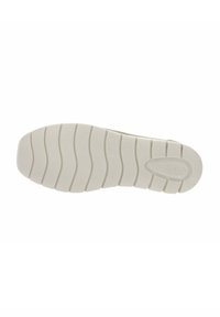 Suela de zapato de goma blanca con surcos curvados y superficie texturizada, que presenta impresiones de marca y un borde liso.
