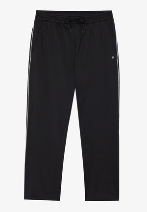 Schwarze Sporthosen aus leichtem Stoff, mit einem Kordelzugbund, zwei seitlichen Taschen und weißen seitlichen Streifen.