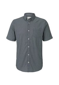 Camicetta da uomo a maniche corte con bottoni, caratterizzata da un piccolo motivo geometrico blu scuro e bianco su sfondo bianco.