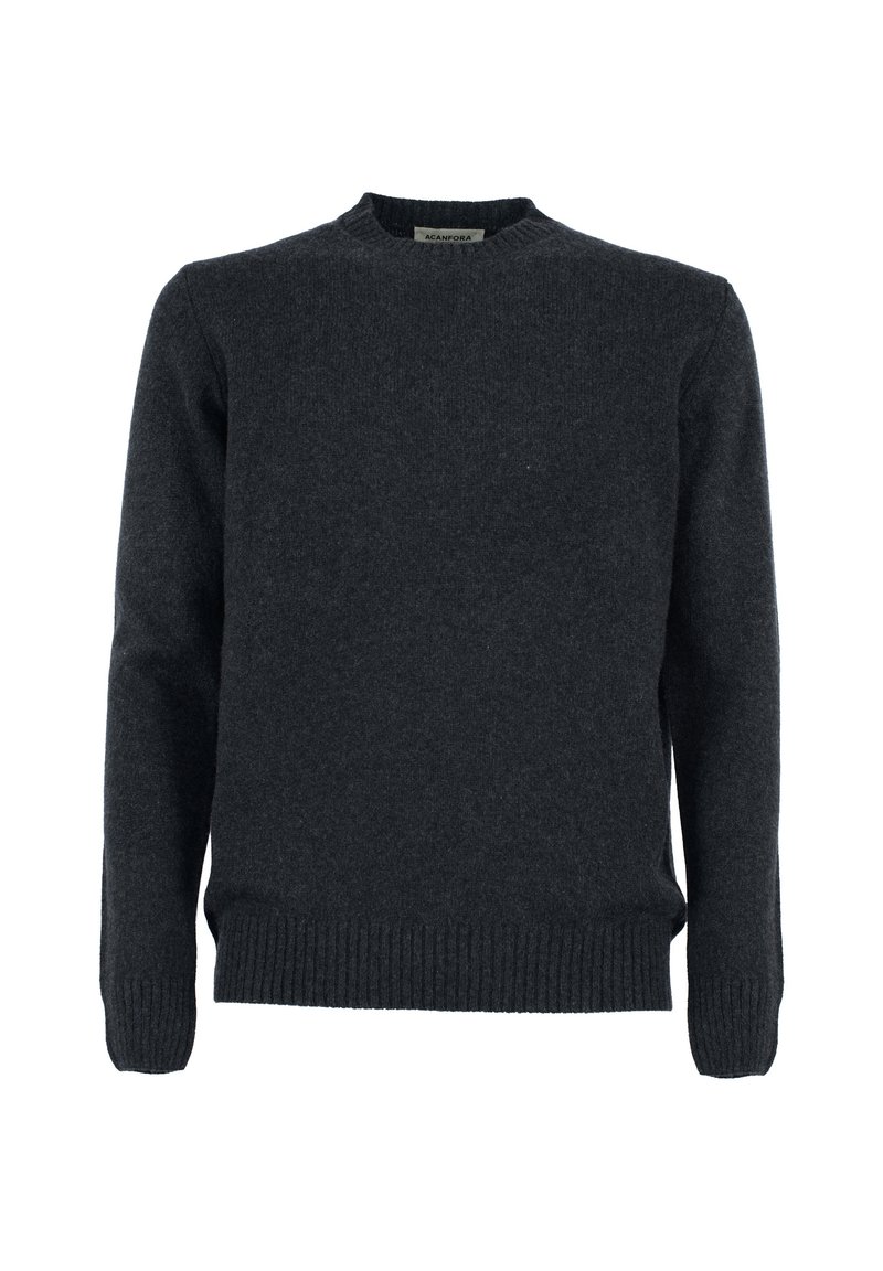Maglione di lana grigio scuro con maniche lunghe, collo rotondo, polsini e orlo a coste, texture liscia e design a vestibilità classica.