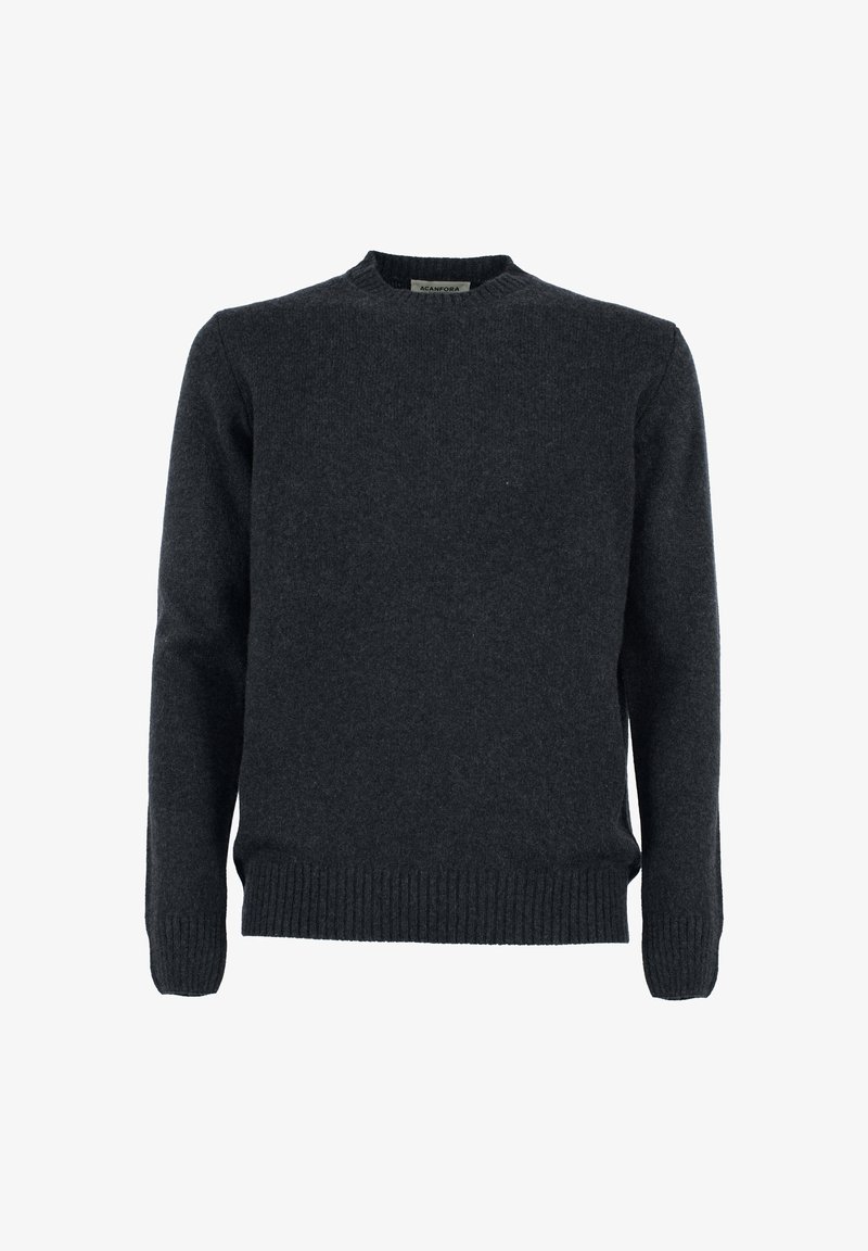 Donkergrijze wollen trui met lange mouwen, ronde hals, geribde manchetten en zoom, een gladde textuur en een klassieke pasvorm.