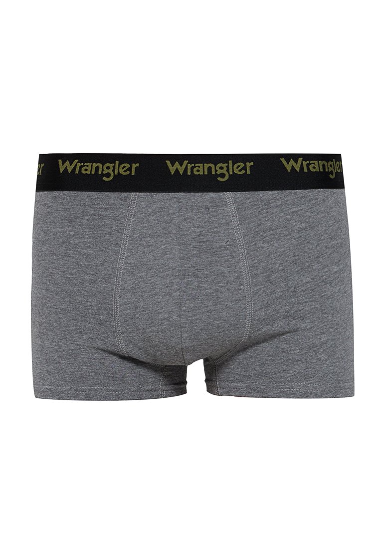 Szare bawełniane slipki z czarnym paskiem, na którym znajduje się żółty napis "Wrangler". Mają dopasowany krój i płaskie szwy.