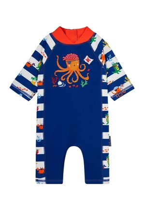 Blauer short-sleeve Badeanzug mit gesticktem Oktopus, gestreiften Seiten mit meeresthematischen Mustern und einem orangefarbenen Kragen.