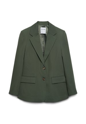 Blazer vert olive ajusté avec larges revers, deux boutons à l'avant et deux poches à rabat, taille petite, étiquette Calliope.
