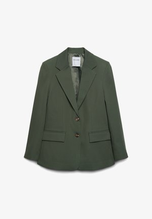 Olivgrüner, maßgeschneiderter Blazer mit breiten Revers, zwei vorderen Knöpfen und zwei Pattentaschen, Größe klein, mit dem Etikett Calliope.