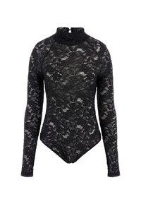 Body in pizzo nero con maniche lunghe, collo alto, motivo floreale e chiusura a pressione sul fondo. Tessuto semi-trasparente.