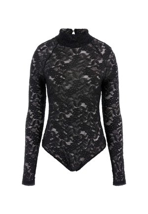 Zwarte kanten bodysuit met lange mouwen, hoge hals, bloempatroon en drukknoopsluiting aan de onderkant. Semi-doorzichtige stof.