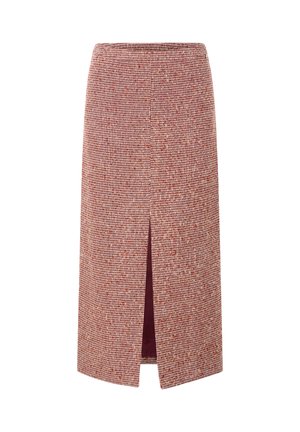Jupe crayon tissée avec un motif pied-de-poule en rouge et beige. Présente une fente à l'avant et une texture lisse. Design ajusté avec une coupe mi-longue.