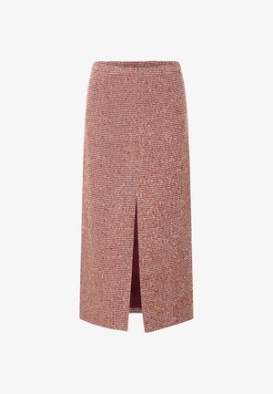 Audiniu austas pieštuko sijonas su šašlyko raštu raudonos ir smėlinės spalvos. Su priekiu įpjova ir lygiu paviršiumi. Fiksuotas dizainas su vidutinio ilgio kirpimu.