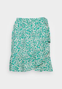 Türkiser Rock mit weißem Blumenmuster, elastischem Taillenbund, Wickelstil und gerafftem Saum vor einem schlichten Hintergrund.