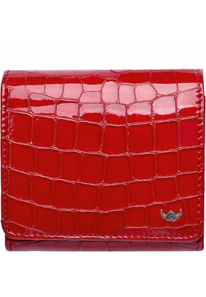Portefeuille en cuir verni rouge avec une texture crocodile, présentant un accent logo argenté et des bords surpiqués, au design compact et rectangulaire.