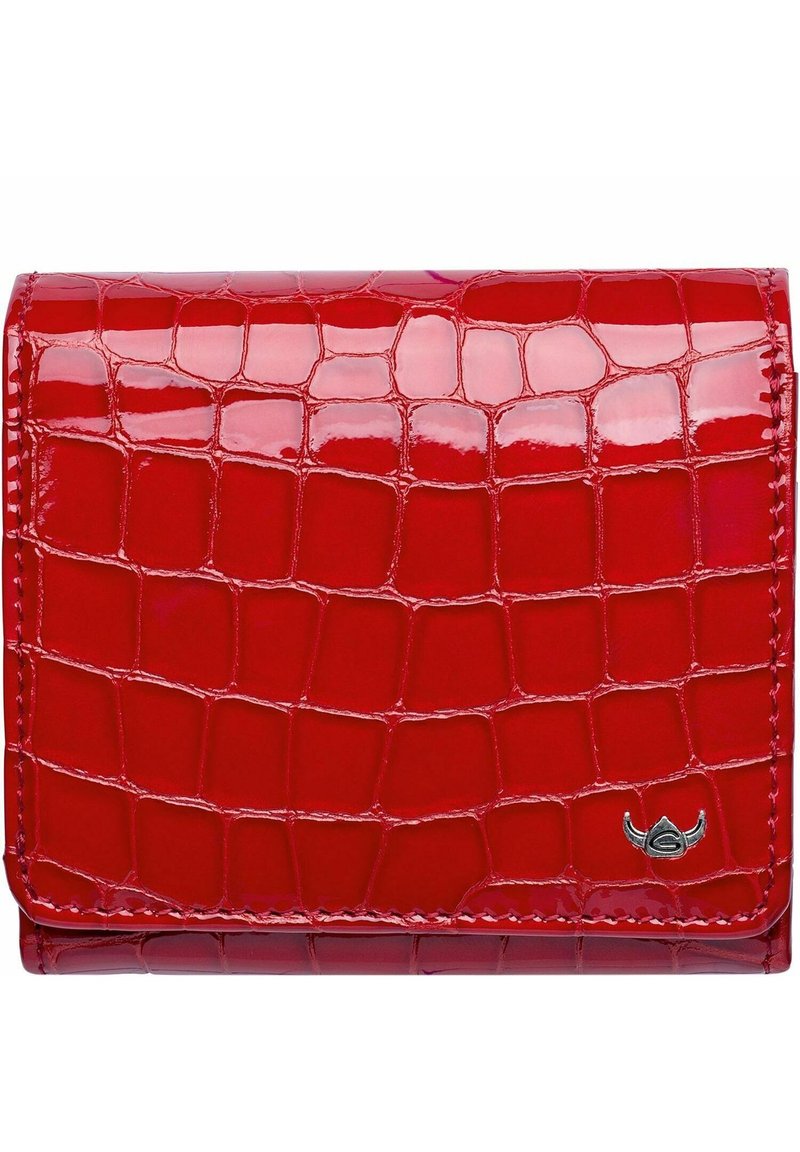Portefeuille en cuir verni rouge avec une texture crocodile, présentant un accent logo argenté et des bords surpiqués, au design compact et rectangulaire.