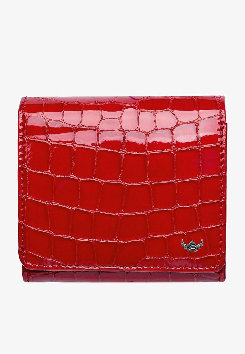 Portefeuille en cuir verni rouge avec une texture crocodile, présentant un accent logo argenté et des bords surpiqués, au design compact et rectangulaire.