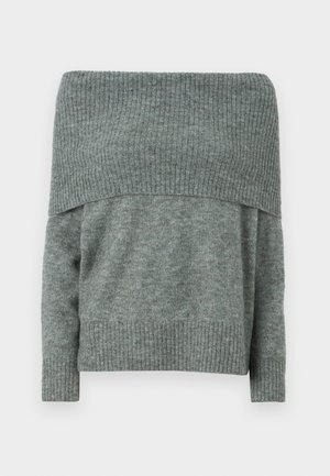 Suéter off-the-shoulder en punto gris jaspeado, con textura acanalada en el escote y los puños, de ajuste relajado y mangas largas.