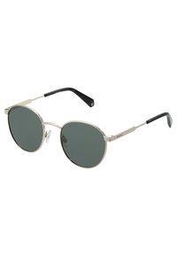 Ochelari de soare rotunzi cu un cadru subțire din metal auriu, lentile de culoare verde închis și vârfuri negre. Accente din acetat pe brațe. Pernițe pentru nas ajustabile.