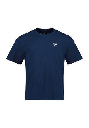 Námořnická modrá pánská triko s krátkým rukávem vyrobené z bavlny. Má kulatý výstřih a malé bílé logo na levé hrudi. Jednoduchý design.