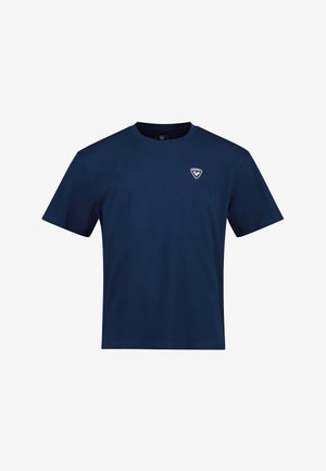 Námořnická modrá pánská triko s krátkým rukávem vyrobené z bavlny. Má kulatý výstřih a malé bílé logo na levé hrudi. Jednoduchý design.