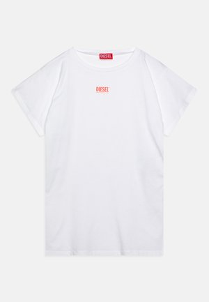 White cotton t-shirt featuring short sleeves, a crew neck, and a small red "DIESEL" logo on the chest. Simple, classic design.