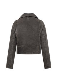 Dunkelgraue Wildleder-Cropped-Jacke mit langen Ärmeln, weitem Kragen und einem Rückenriegel mit Druckknopf.