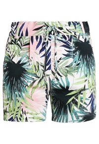Shorts de bain à motif avec un design coloré de feuilles de palmier en vert, rose et marine. Taille élastique avec cordon de serrage pour un ajustement réglable.