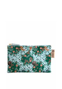 Rāvējslēdzēja kosmētikas maisiņš, izgatavots no auduma, ar gaiši zilu fona, uz kura ir zaļi lapu motīvi, sarkani ziedi un dažādi dzīvnieki rotaļīgā dizainā.