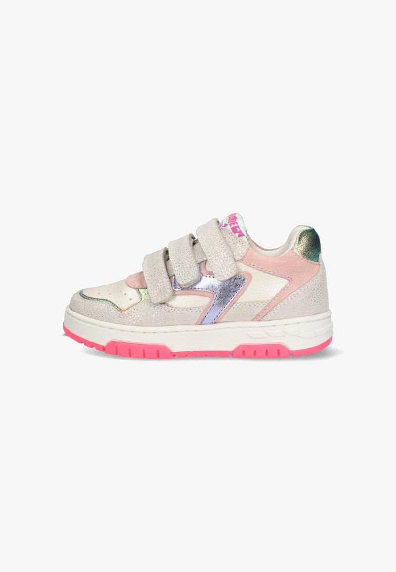 Light gray sneaker with pink accents, three Velcro straps, metallic detailing, textured surface, and a pink rubber sole.