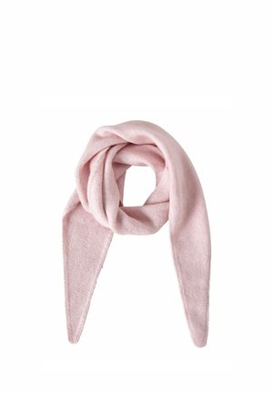 Écharpe rose douce en tissu peluche, pliée lâchement avec deux extrémités pointues pendantes sur un fond blanc.