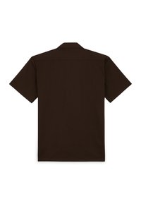 Short-sleeve, collared shirt in dark brown, made of smooth fabric. Features a straight back design without any patterns or accents.