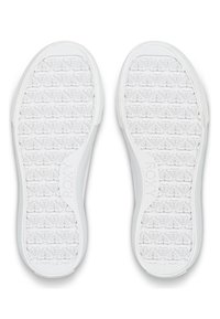 White rubber shoe soles with a textured diamond pattern and embossed heart shapes. Features branding on the side. Smooth edges.