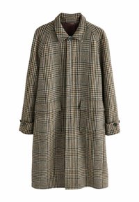 Dlhý kabát v hnedo-károvanom vzore, s golierom, dvoma prednými vreckami a gombíkovým zapínaním na manžetách. Štruktúrovaná látka.