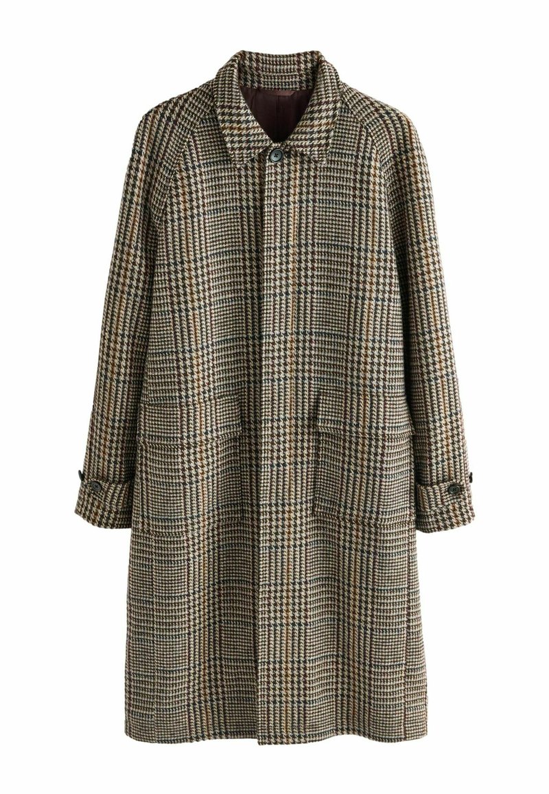 Dlhý kabát v hnedo-károvanom vzore, s golierom, dvoma prednými vreckami a gombíkovým zapínaním na manžetách. Štruktúrovaná látka.