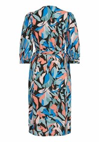Robe longueur genou avec manches longues, ceinture à la taille, et un motif feuilles éclatant en bleu, pêche, noir et vert.