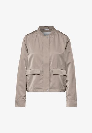 Beige bomber jacket made of smooth fabric with a round neckline, front snap closure, and two front flap pockets.
